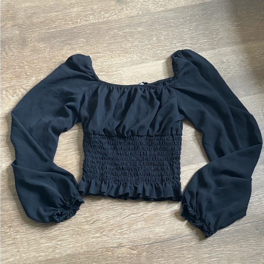 Streetwear Society Black Smocked Long Sleeve Crop Top